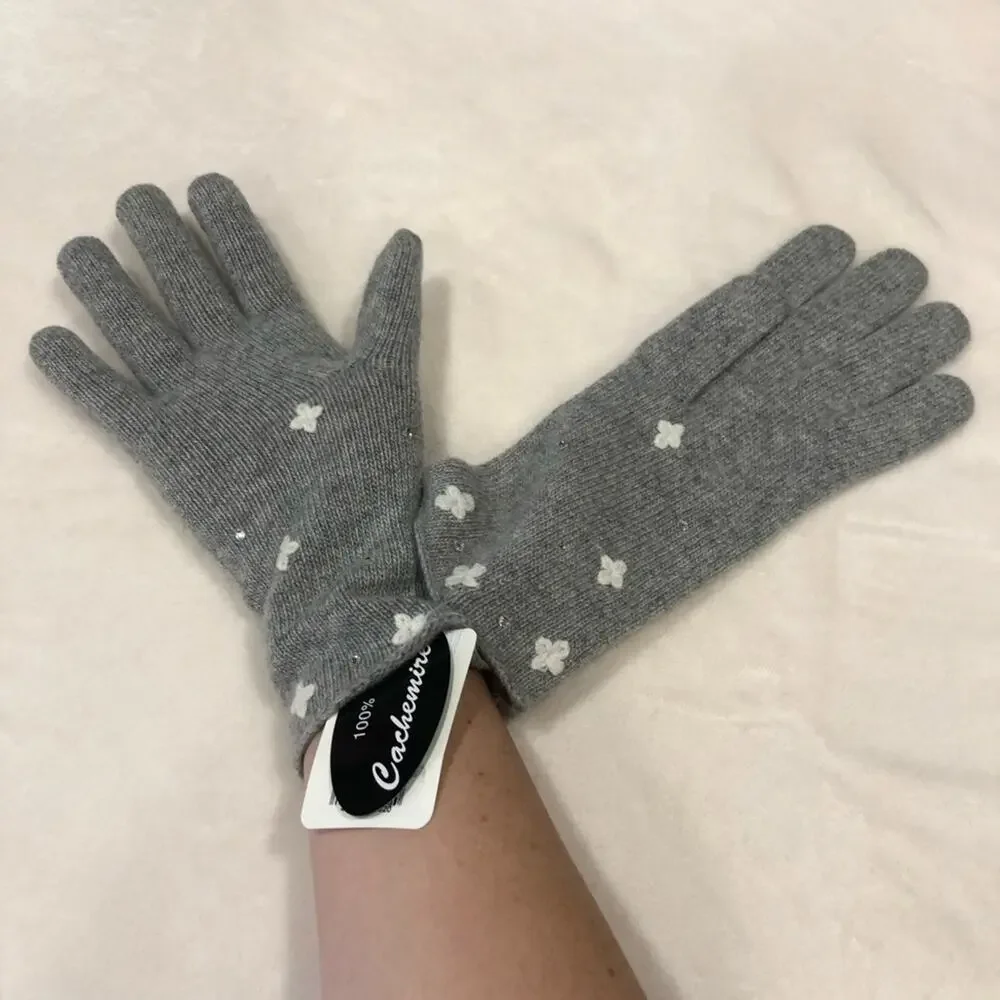 NWT Cashmere Gloves with Crystals + Flowers in Light Grey Ladies 10